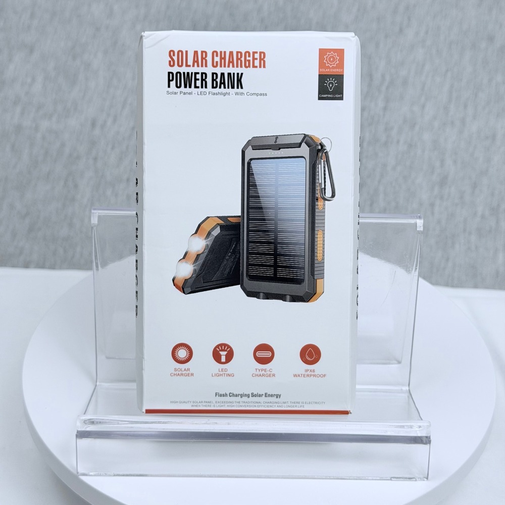 Solar Charger Power Bank Portable Waterproof Dual LED Flashlight Compass Orange